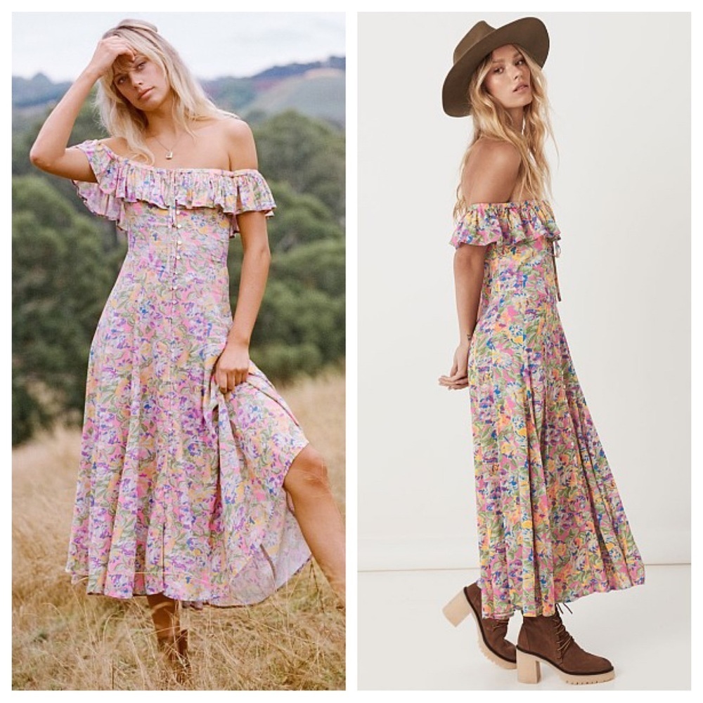 Spell Floral Off-Shoulder Maxi Dress in Pastel Pink Multi